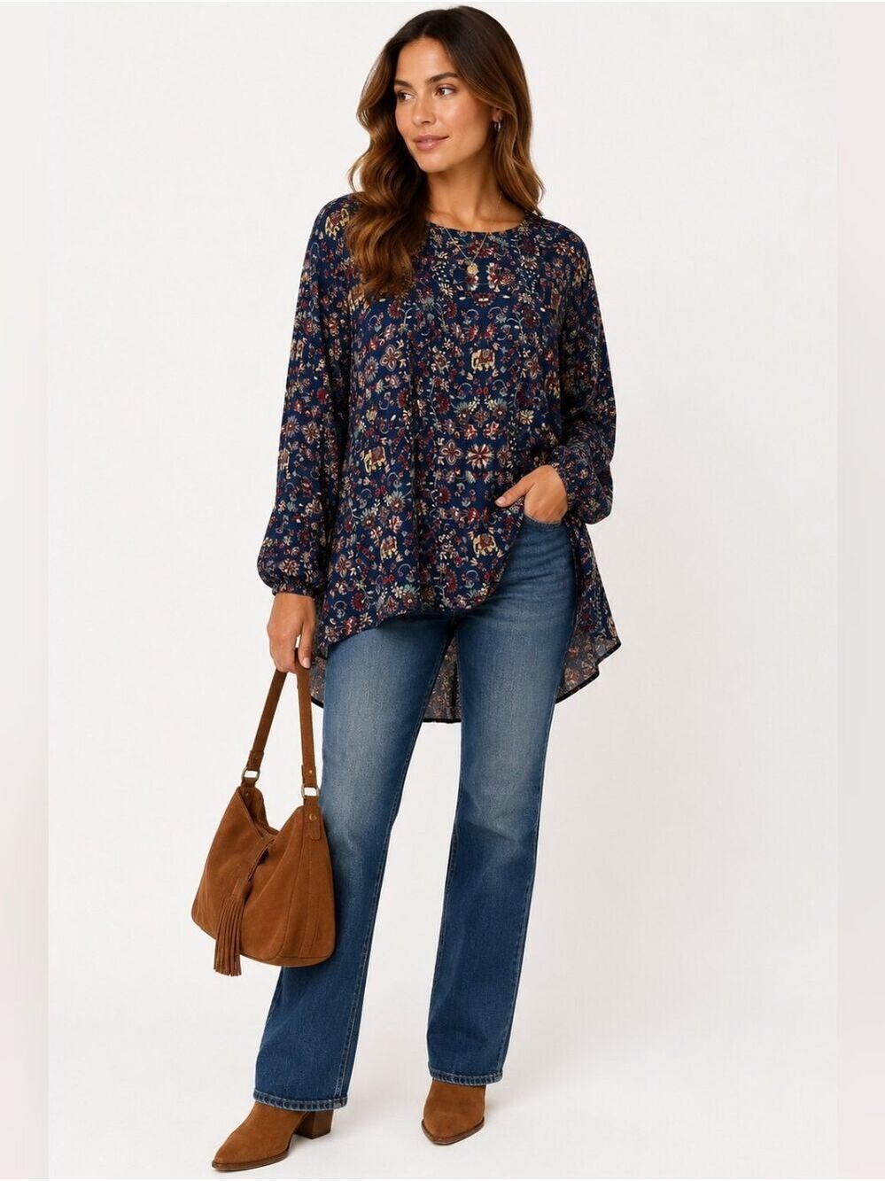 Forever 21 Boho Floral Elephant Print Open Back Tunic Blouse L